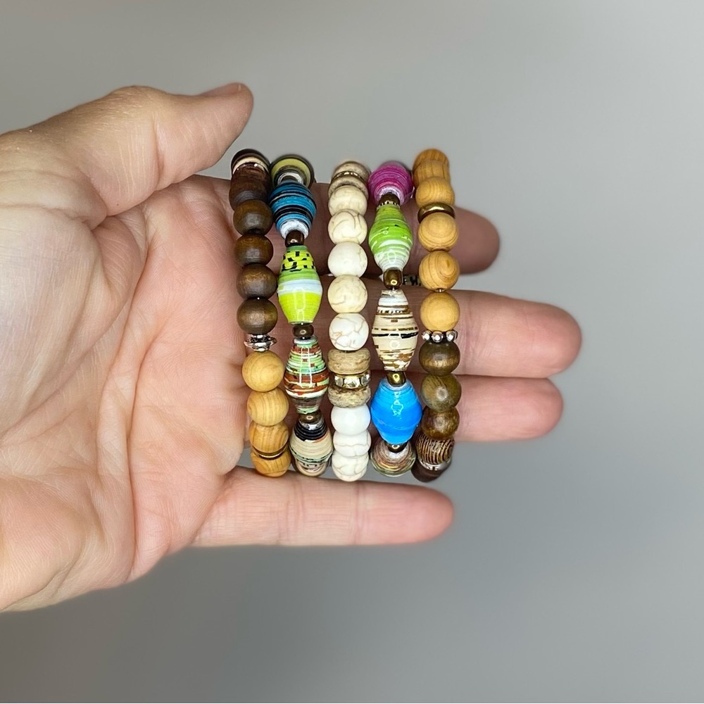 Recycled paper hand painted beads sandalwood brass memory wire wrap bracelet